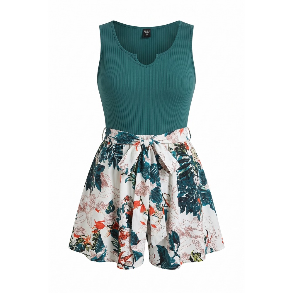 SHEIN Curve Teal Ribbed Knit Floral Romper 2XL Tropical Sleeveless Jumpsuit